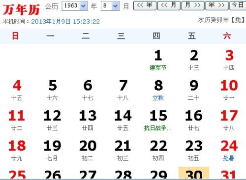 万年历农历查询1963年