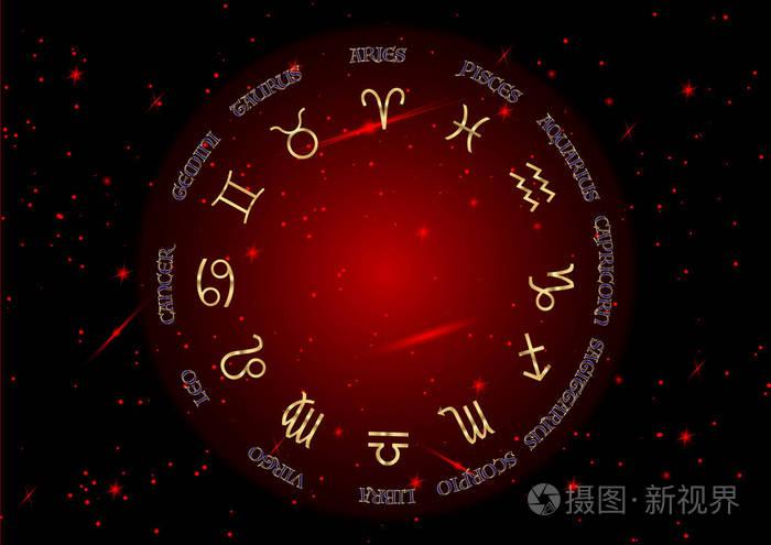 星座星座.占星术符号集.红色夜空和星星,蓝色夜空背景,矢量插图